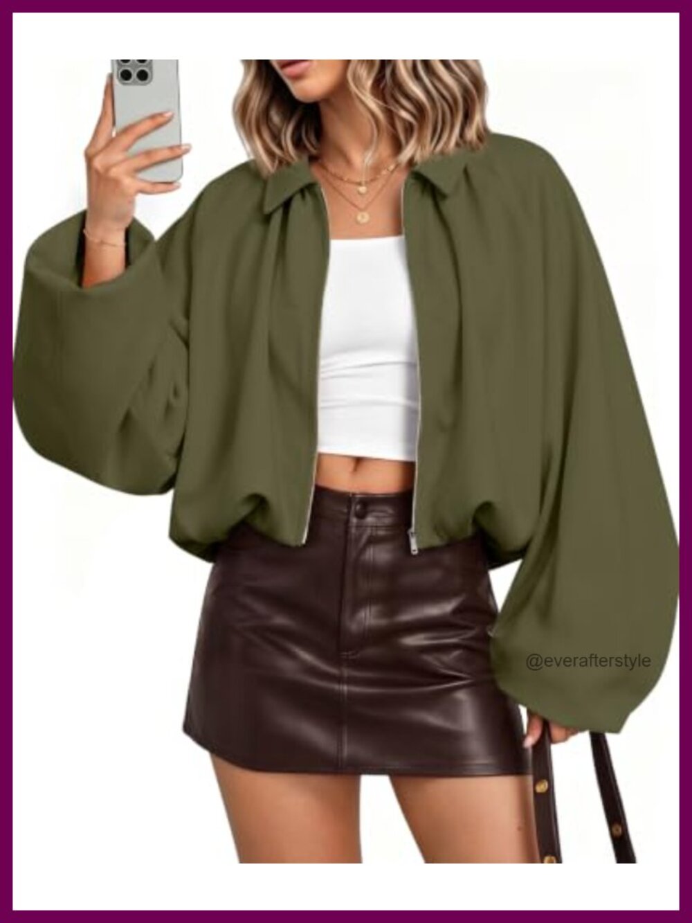 Oversized Bomber Jacket Puff Sleeve Pleated Cropped Coat